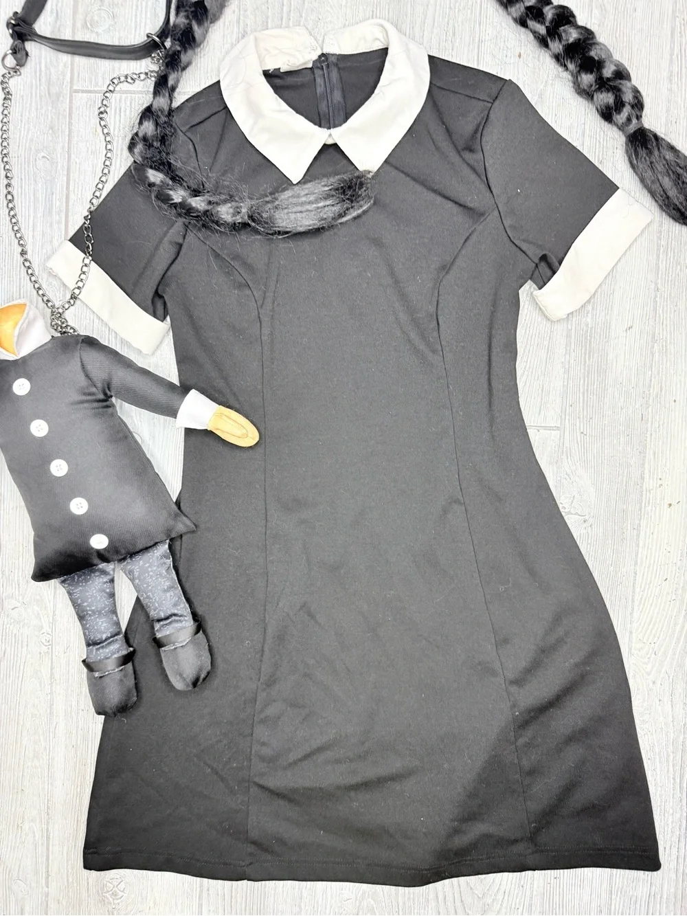 Spirit Halloween Wednesday Addams Halloween costume wig dress and purse s cosply